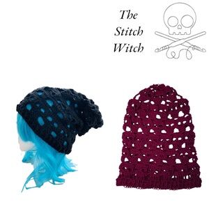 HAND CROCHETED Skull Motif Slouch Beanie Blood Red